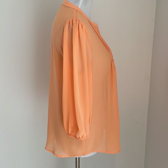 Sherbet orange button down blouse W/ front gather accents elastic sleeves size S - Picture 4 of 7